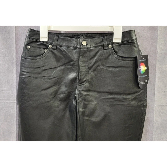 NewPort News Jeanology 12P Leather Pants Straight Leg Black Vintage Biker NWT - Picture 2 of 9
